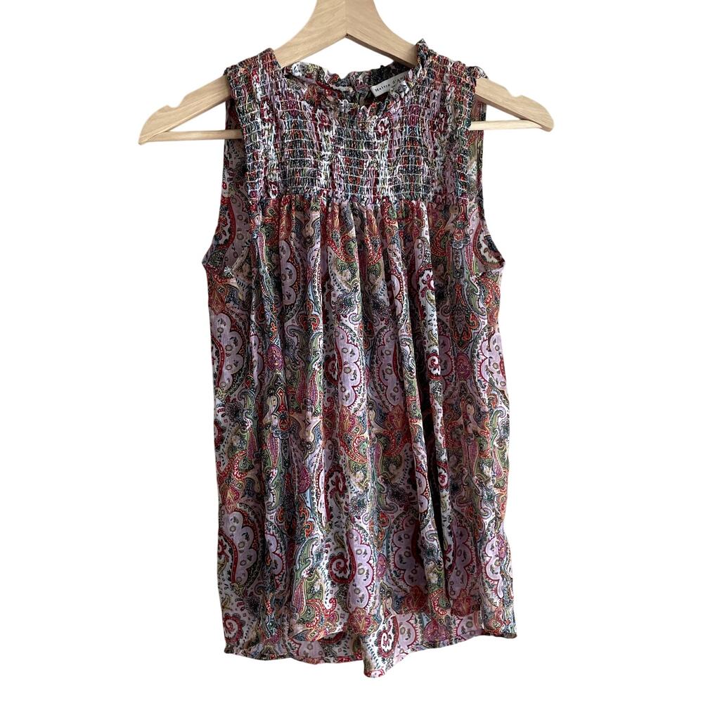 Maison d'Amelie Paris sleeveless sheer paisley blouse womens S smocked high neck
